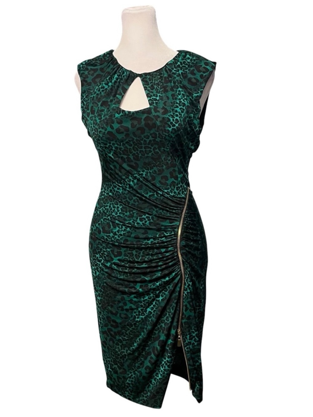 Cache Emerald Green Leopard Zipper Detail Sheath Dress
